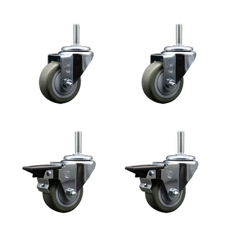 Service Caster 3 Inch Gray Polyurethane Wheel Swivel 34 Inch Threaded Stem Caster Set 2 Brakes SCC SCC-TS20S314-PPUB-34212-2-PLB-2
